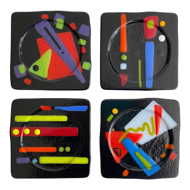 Vintage 1980's Postmodern Studio Fused Art Glass Multicolor Abstract Coasters - Set of 4 For Sale