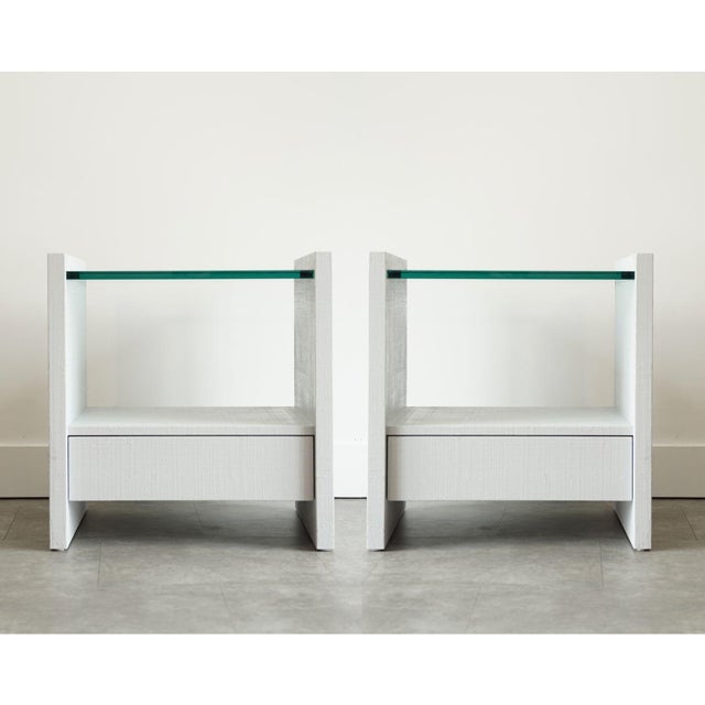 An elegant pair of original nightstands designed by Karl Springer, dating to the 1980s. Celebrated for his luxurious...