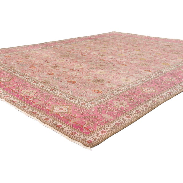 53163 Distressed Vintage Pink Persian Tabriz Rug, 09'09 x 12'07. Enveloped in a soft palette of pinks and historic...