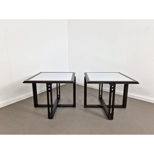 Pretty pair of early 1980s Galaxy side tables, designed by Umberto Asnago for Giorgetti, Italy. The have a white glass top...