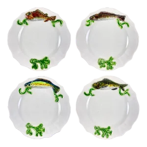 Midcentury French Provençal Hand Potted Paulette Quinson Fish Plates, Set of 4