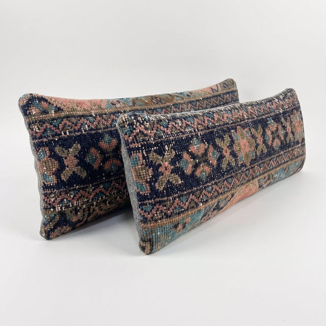 Mid-Century Modern Navy Tribal Rug Pillow Cover 10'' X 36'' - Set of Two For Sale - Image 3 of 4