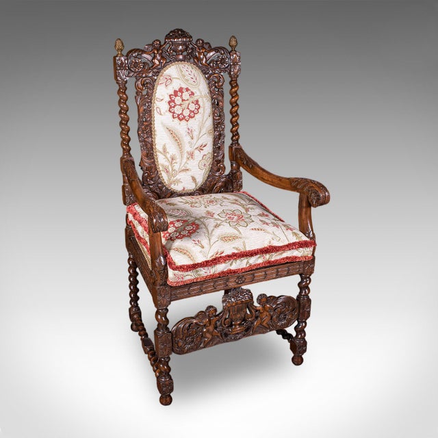 Pair of Antique Charles II Revival Arm Chairs, English, Elbow Seat, Edwardian For Sale - Image 4 of 12