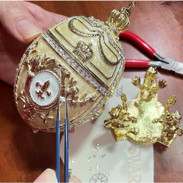 Ornamental & Decorative Materials Pierre Lorren Handmade Faberge Egg Style Trinket Fabergé Egg Style Austrian Crystal Diamond Pure Gold Deco Hand Painted 5 Star Egg & Handmade Bracelet For Sale - Image 7 of 11