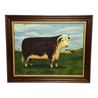 English Hereford Bull Oil Painting in the Manner of William Henry Davis – Framed British Pastoral Cattle Portrait For Sale