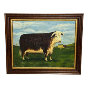 English Hereford Bull Oil Painting in the Manner of William Henry Davis – Framed British Pastoral Cattle Portrait