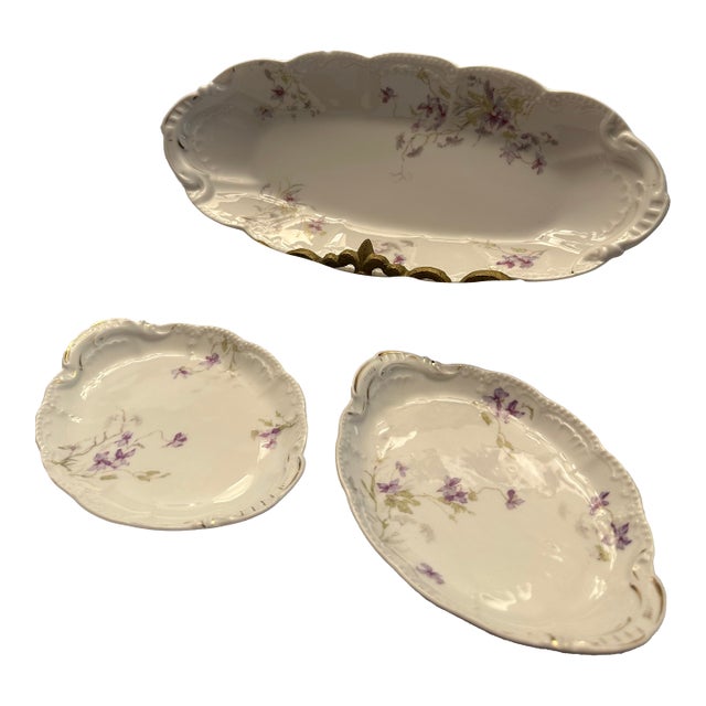 1940s Vintage Limoges Basset Austria 3 Porcelain Serving Bowls "Purple Violets" Pattern For Sale