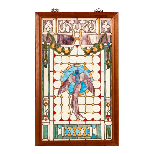 Antique Stained Glass Bird and Lattice Panel Wall Hanging For Sale