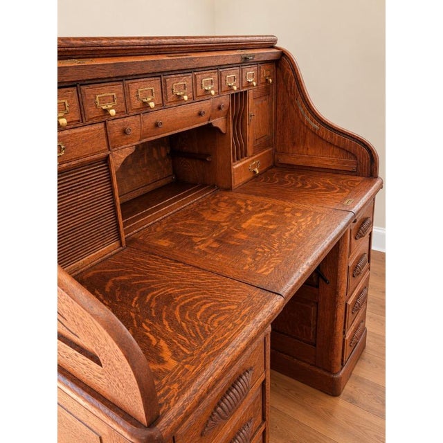 Late 19th Century Very Special Antique Smith Premier Roll Top Desk | Quarter Sawn Oak Typewriter Desk | Victorian Office Furniture For Sale - Image 5 of 17