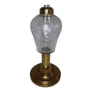 Rare 1840s Whale Oil Lamp Etched Glass Font Original Double Burner Iron Base For Sale