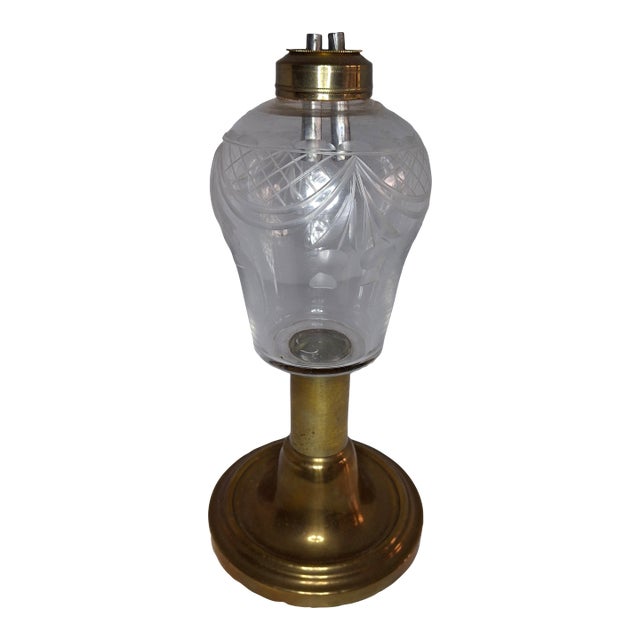 Rare 1840s Whale Oil Lamp Etched Glass Font Original Double Burner Iron Base For Sale