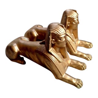 Vintage Art Deco Egyptian Revival Gold Sphinx Chalkware Bookends - a Pair For Sale