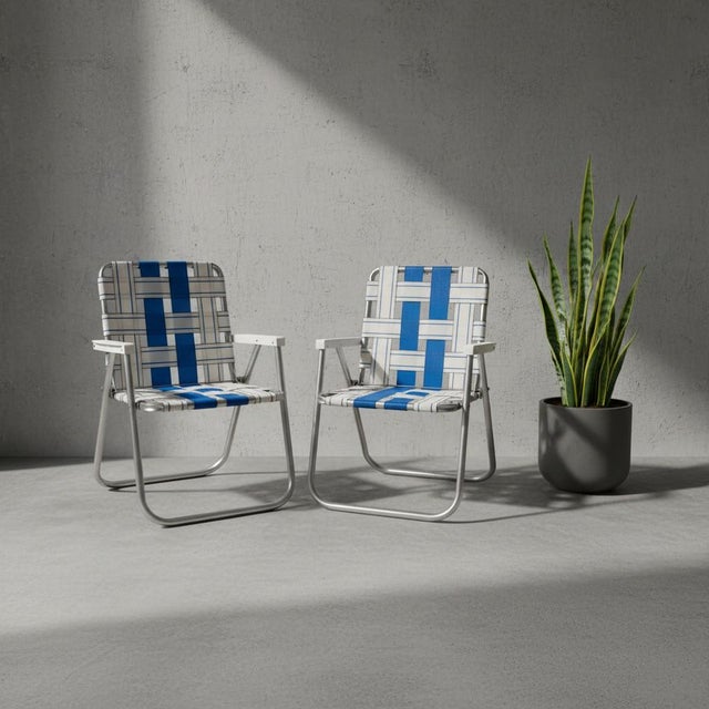 Vintage Aluminum Lawn Chairs Set-Mid Century-Webbed-Folding-Patio Pair-Retro For Sale - Image 4 of 11