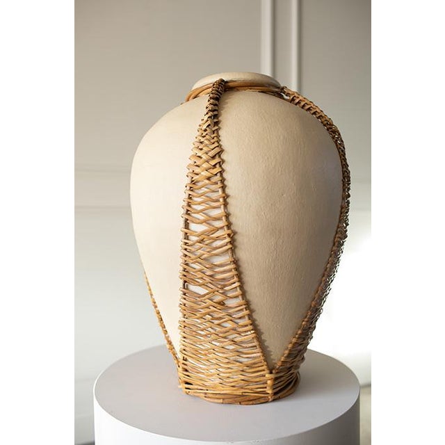 Contemporary Large Vintage 1980s Rattan Wicker Wrapped Terracotta Pottery Vase For Sale - Image 3 of 13