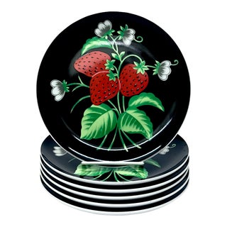 Mid 20th Century Mann Black, Red, and Green Italian Strawberry Side Plates - Set of 6 For Sale