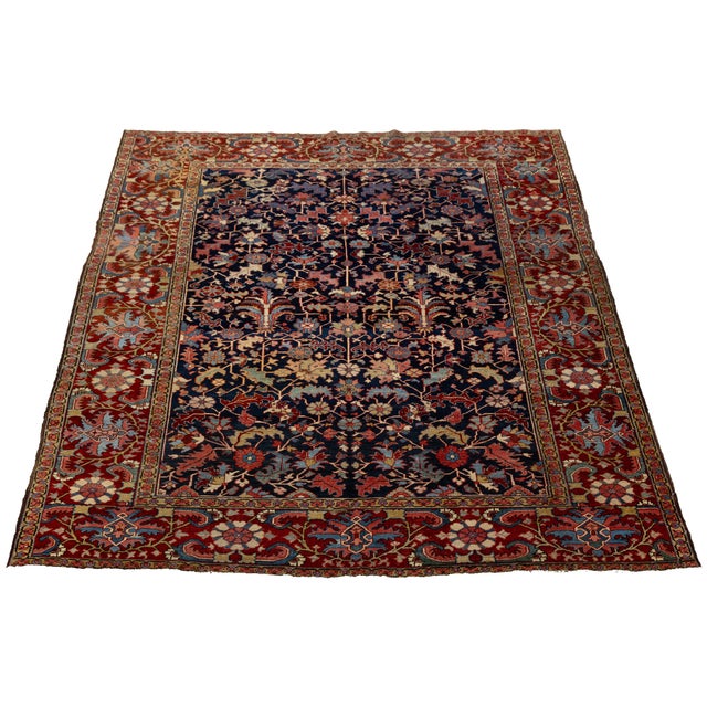 19th Century Antique Heriz Style Wool Rug With Deep Indigo All-Over Floral For Sale - Image 4 of 11
