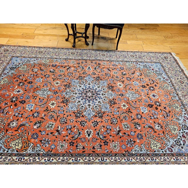 Persian Persian Tabriz Rug, Hand-Knotted Wool & Silk, Fine Floral Pattern, Terracotta & Blue, 7x10 For Sale - Image 3 of 14