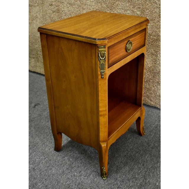 Wood Vintage Satinwood Nightstand French Style Brass Ormolu Inlaid Bedside Table For Sale - Image 7 of 12