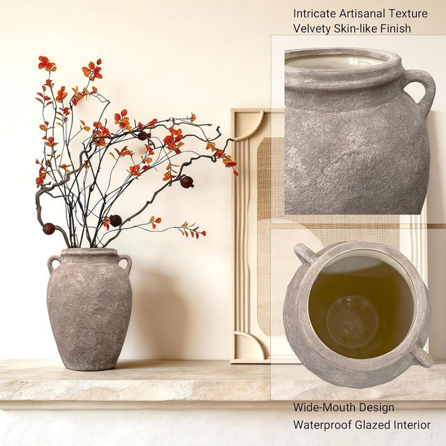 Rustic Brown Textured Ceramic Flower Vase With Vintage-Style Double Handles For Sale In Los Angeles - Image 6 of 7