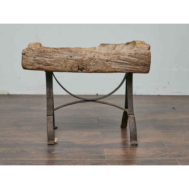 Mid 20th Century Rustic Mid-Century Wooden Trough Accent Table on Custom Iron Base For Sale - Image 5 of 12