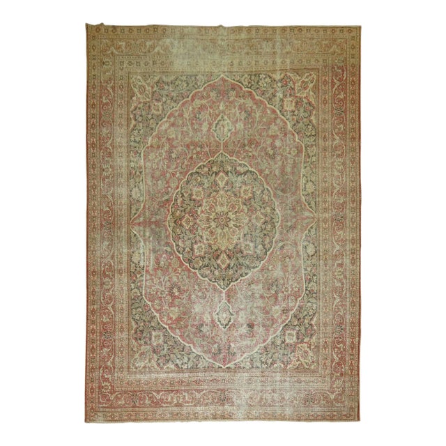 Zabihi Collection Worn Room size Persian Tabriz Rug For Sale