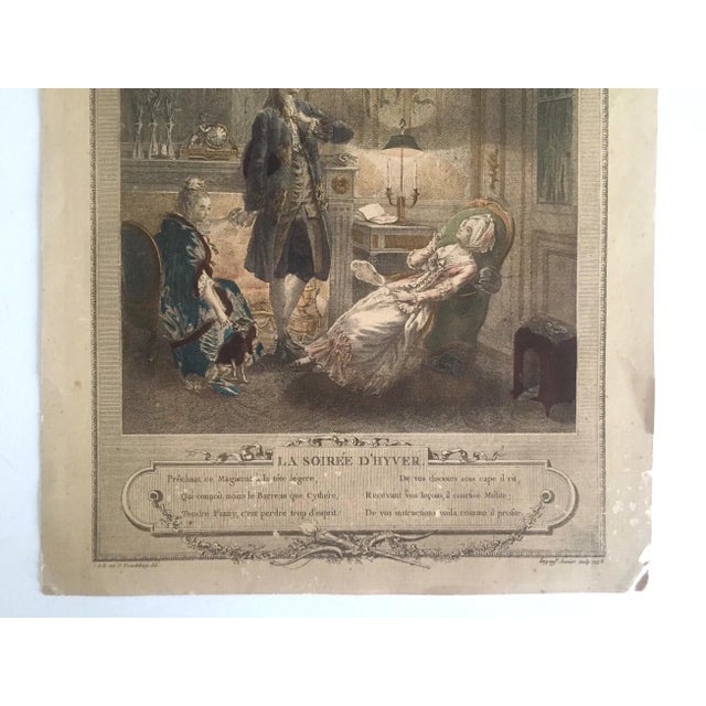 Antique 1774 Freudenberger " La Soiree D' Hyver " Hand Painted French Engraving Art Print For Sale - Image 4 of 11