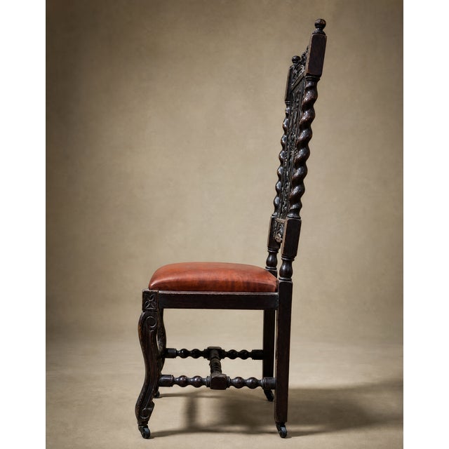 Pair of Antique Jacobean Revival Carved Oak Hall Chairs With Heraldic Crest Backs & Leather Seats For Sale - Image 4 of 7