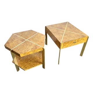 Mid Century Modern Burl Wood and Gold Side Tables by Hekman - Set of 2 For Sale