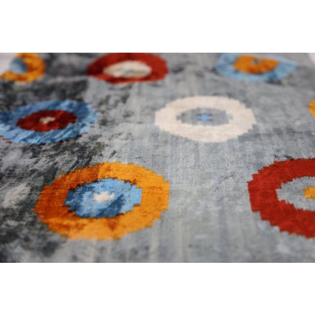 Handmade Velvet Circle Pillow – 16x24" Gray Blue & Orange Silk Cushion For Sale - Image 4 of 8