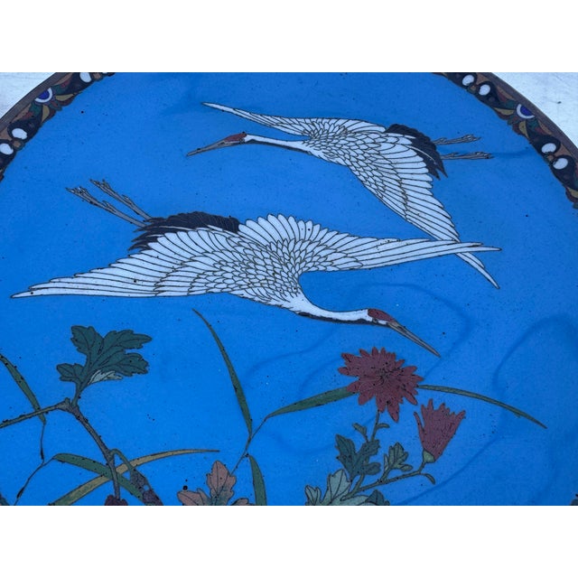 Antique Japanese Meiji Cloisonne Charger Cranes Blue Enamel 12” Plate For Sale - Image 6 of 8