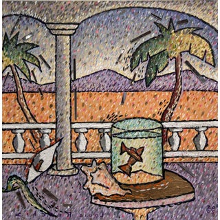 Fish Bowl by Louis Recchia | Mixed media Still life of a fish bowl with tropical scenery For Sale