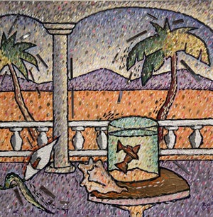 Fish Bowl by Louis Recchia | Mixed media Still life of a fish bowl with tropical scenery