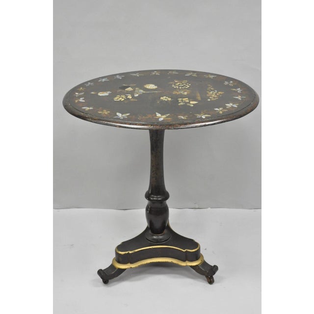 Antique English Victorian Mother of Pearl Inlay Black Lacquer Tilt Top Table For Sale - Image 4 of 18