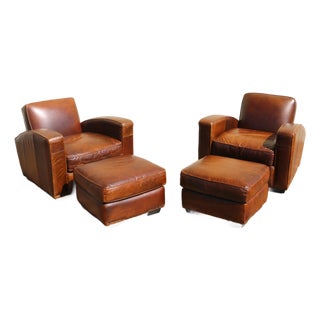 Vintage Pair Art Deco Revival Distressed Brown Leather Club Chairs & Ottomans, 1980s For Sale