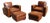 Vintage Pair Art Deco Revival Distressed Brown Leather Club Chairs & Ottomans, 1980s For Sale