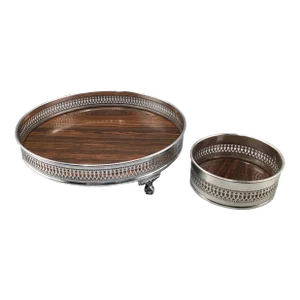 Vintage Footed Formica Rosewood Laminate Serving Tray With Sheffield Silver Plate Reticulated Gallery and Matching Wine Coaster - Set of 2