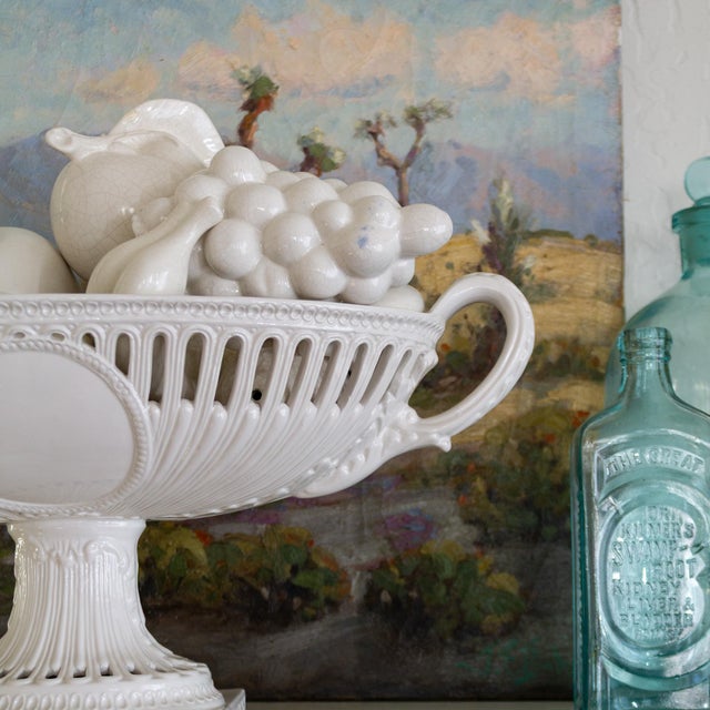 White Italian Footed Pedestal Fruit Bowl With Ceramic Fruits Centerpiece For Sale - Image 17 of 17