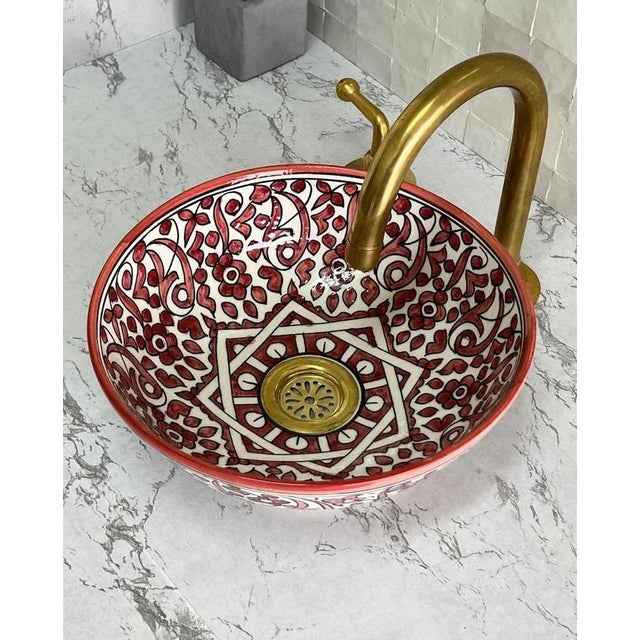 Red Ceramic Flower Vessel Sink For Sale - Image 4 of 7