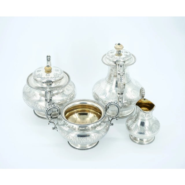 English Silver Plate Four Piece Tea / Coffee Service / Exterior Engraved Details For Sale - Image 4 of 13