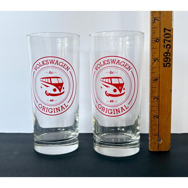 Vintage Volkswagen Bus Drinking Glasses | Set of 2 | Volkswagen Original Ets 49 | Red Vw Transporter | 6" Tumbler | Rare Retro Barware For Sale In Miami - Image 6 of 6