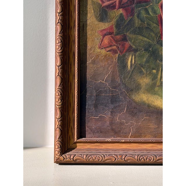 Victorian Antique Red Roses Still Life Oil Painting on Canvas · Unsigned Framed Original Floral For Sale - Image 3 of 5