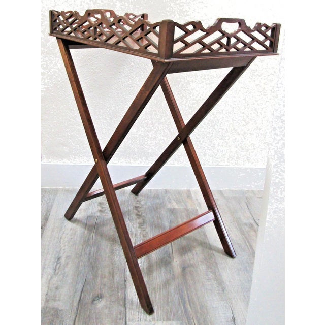1920s Antique Pierced Mahogany Baker Furniture Butler Tray and Folding Stand For Sale - Image 11 of 18