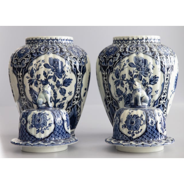 Delft Large Mid-Century Dutch Delft Lidded Ginger Jars Vases - A Pair For Sale - Image 4 of 10