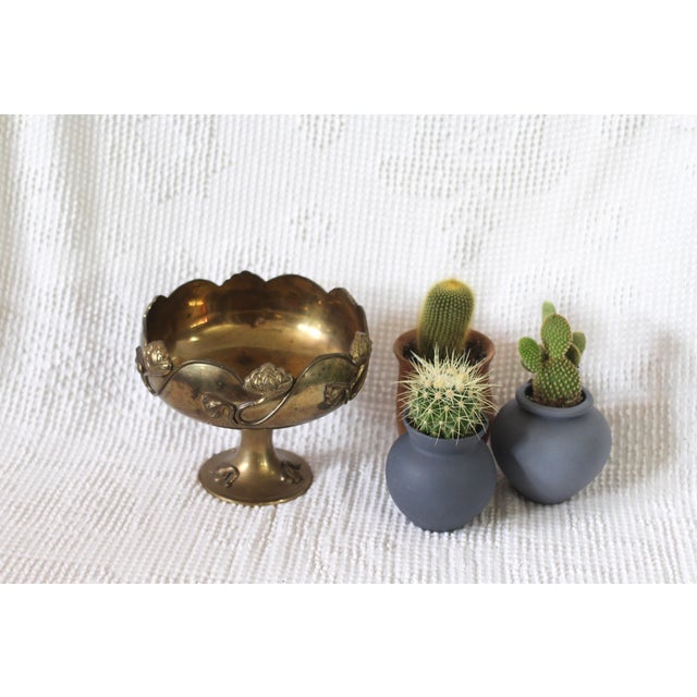 Metal Midcentury Brass Pedestal Bowl With Lotus Flowers For Sale - Image 7 of 11