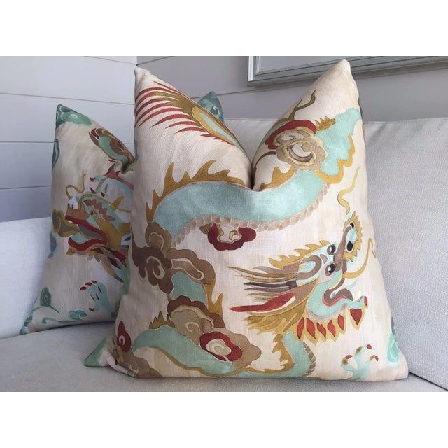 Chinoiserie Carlton V “Puff” in Jade and Gold Down-Filled Pillows- a Pair For Sale - Image 3 of 4