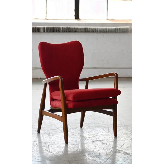 Danish 1950's Lounge Chair With Slim Sculptural Carved Oak Frame For Sale In New York - Image 6 of 9