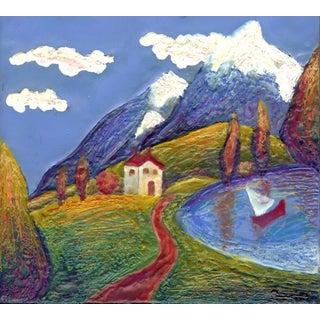 Idyllic 46 by Carrie Goller | Encaustic on wood panel landscape with mountains and a lake For Sale