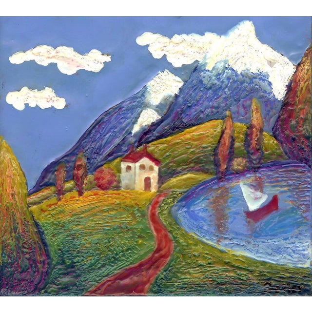 Idyllic 46 by Carrie Goller | Encaustic on wood panel landscape with mountains and a lake For Sale