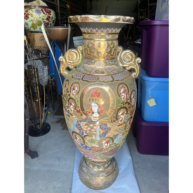 Japanese Large 44 Inch High Quality Japanese Satsuma Earthenware Decorative Floor Vase For Sale - Image 3 of 12