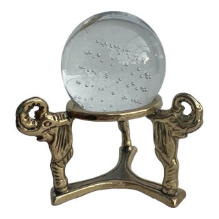 Vintage Brass Elephant Stand With Glass Globe Paperweight For Sale